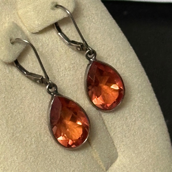 925 Sterling Silver Artisan Crafted Genuine Treated Fire Quartz Dangle Earrings - Picture 5 of 12